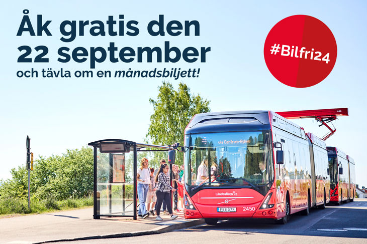 Bild på buss med folk som väntar. På bilden står det: Åk gratis den 22 september och tävla om en månadsbiljett.