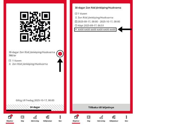 Bilden visar var och hur du hittar ditt biljett-ID i appen.